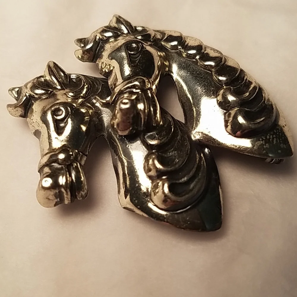 Vintage Sterling Double Horse Head Brooch